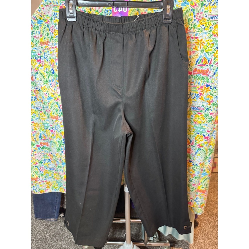 043 Allison Daley Womens Black Elastic Waist Cropped Pants Buckle Detail Size 12